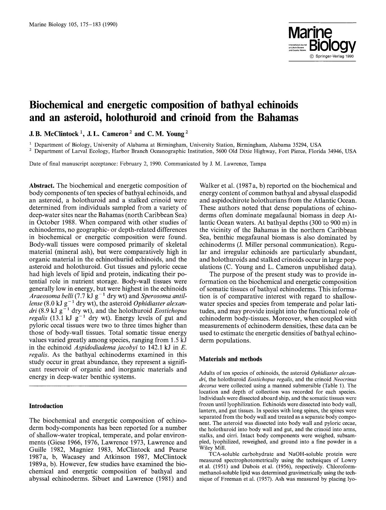 Biochemical and energetic composition of bathyal echinoids and an asteroid, holothuroid and crinoid from the Bahamas by Unknown
