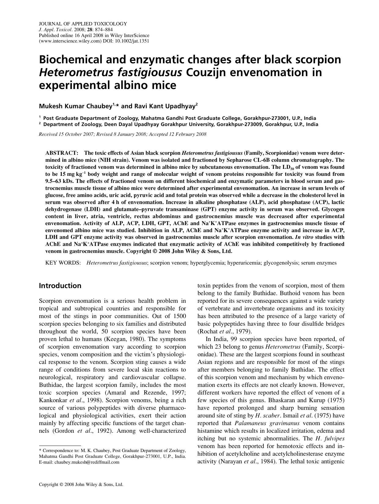 Biochemical and enzymatic changes after black scorpion Heterometrus fastigiousus Couzijn envenomation in experimental albino mice by JN-07