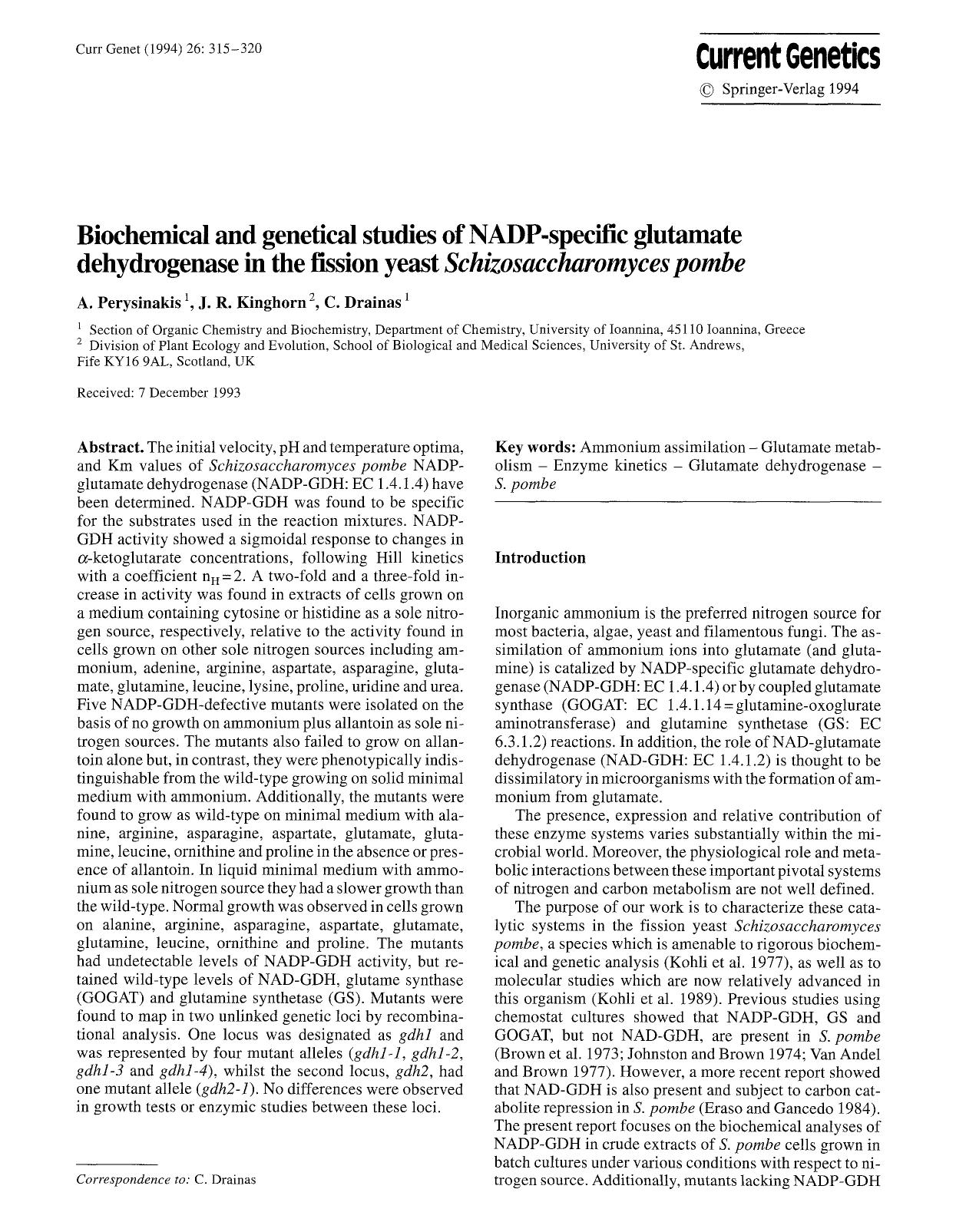 Biochemical and genetical studies of NADP-specific glutamate dehydrogenase in the fission yeast <Emphasis Type="Italic">Schizosaccharomyces pombe<Emphasis> by Unknown
