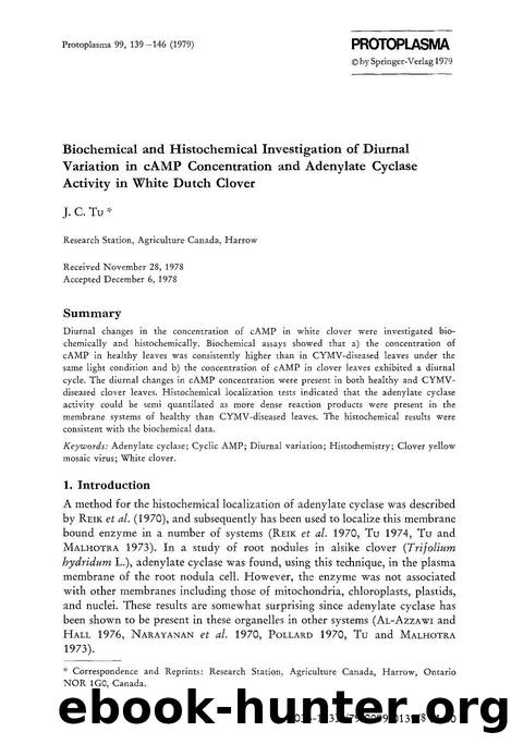 Biochemical and histochemical investigation of diurnal variation in cAMP concentration and adenylate cyclase activity in white dutch clover by Unknown