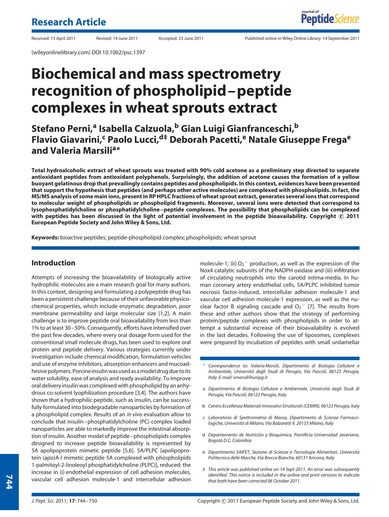 Biochemical and mass spectrometry recognition of phospholipidpeptide complexes in wheat sprouts extract by Unknown