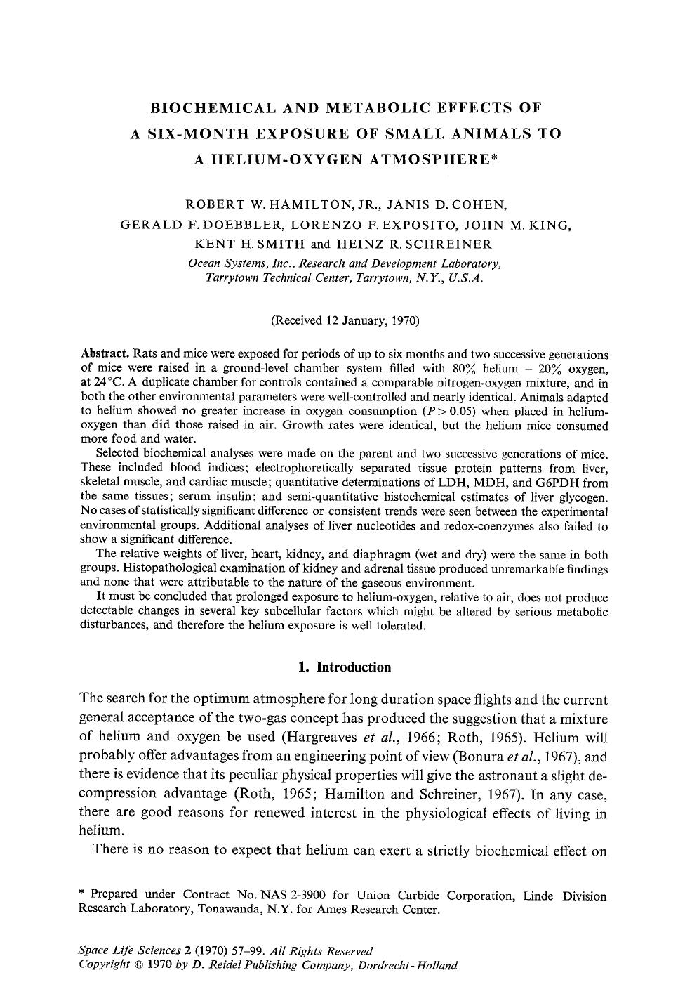 Biochemical and metabolic effects of a six-month exposure of small animals to a helium-oxygen atmosphere by Unknown