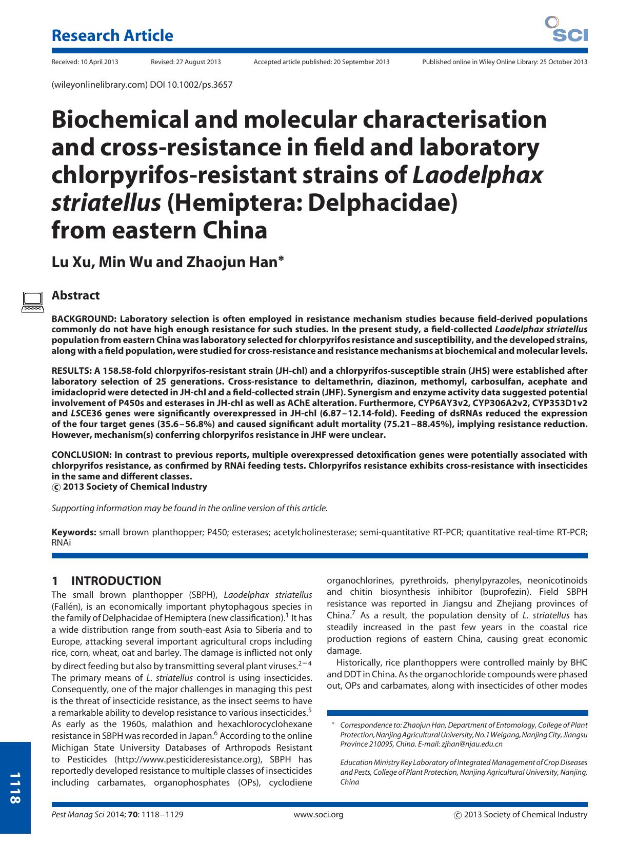 Biochemical and molecular characterisation and crossresistance in field and laboratory chlorpyrifosresistant strains of Laodelphax striatellus (Hemiptera: Delphacidae) from eastern China by Unknown