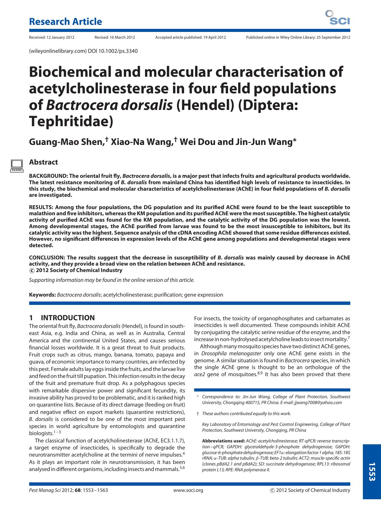 Biochemical and molecular characterisation of acetylcholinesterase in four field populations of Bactrocera dorsalis (Hendel) (Diptera: Tephritidae) by Unknown