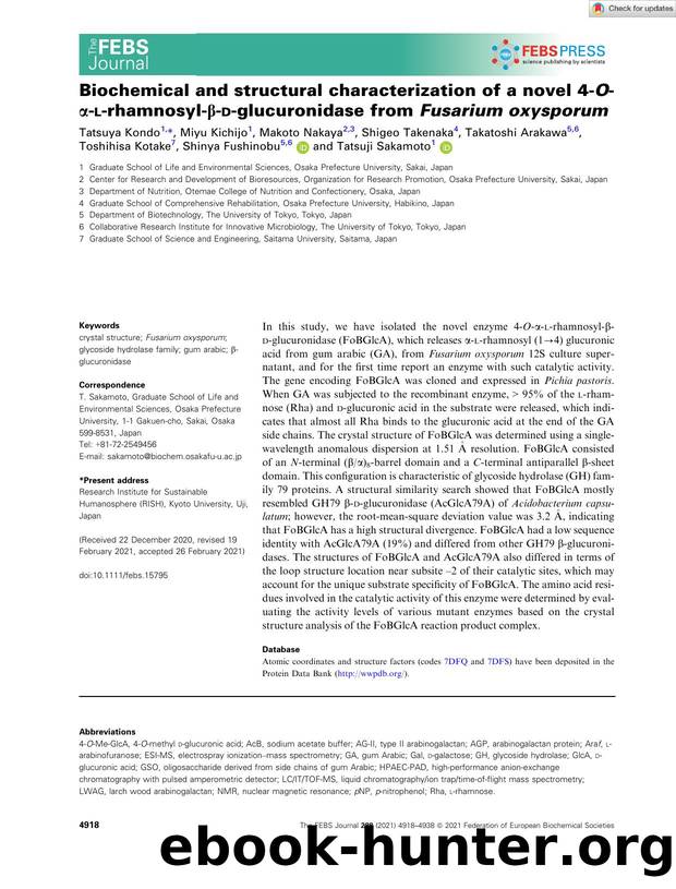 Biochemical and structural characterization of a novel 4âOâÎ±âlârhamnosylâÎ²âdâglucuronidase from Fusarium oxysporum by Unknown