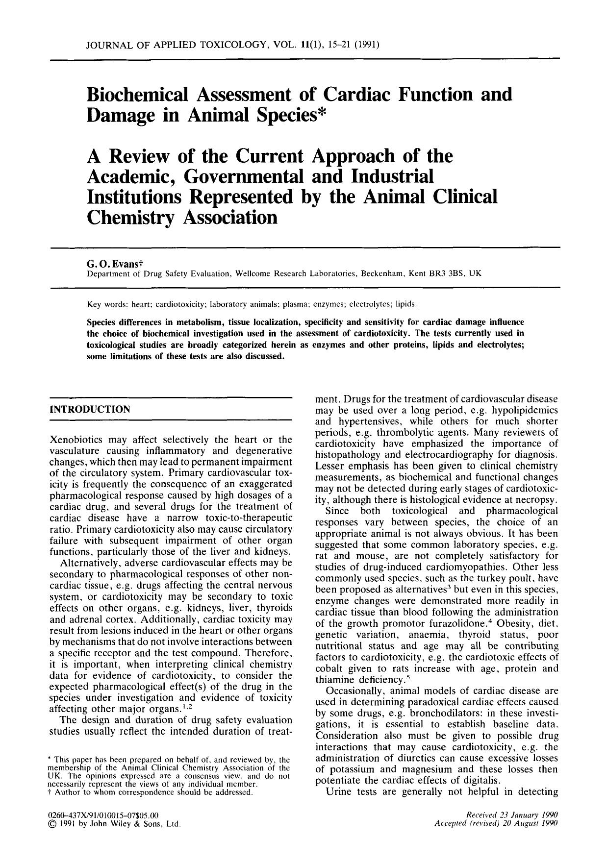 Biochemical assessment of cardiac function and damage in animal species A Review of the Current Approach of the Academic, Governmental and Industrial Institutions Represented by th by Unknown