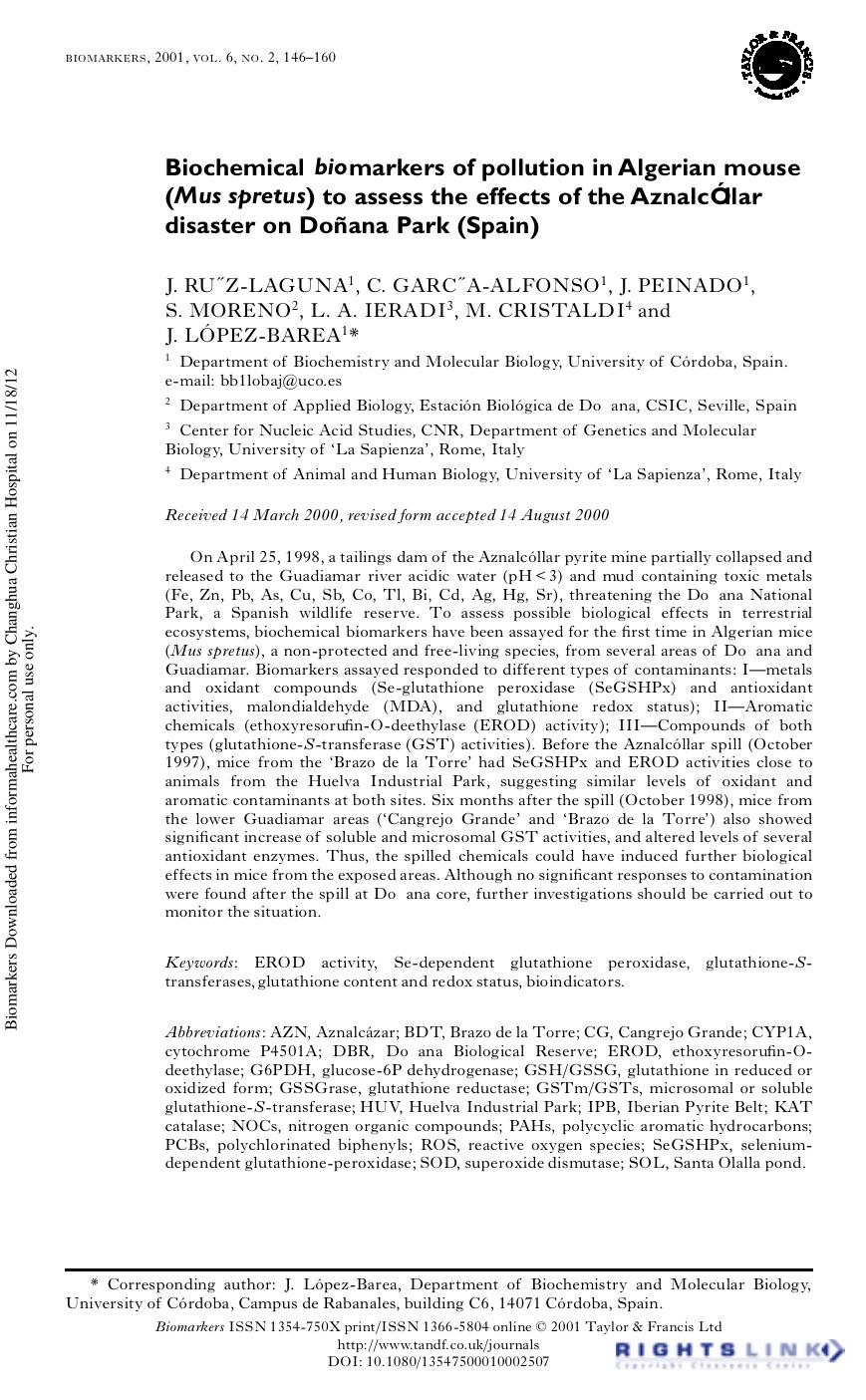 Biochemical bio markers of pollution in Algerian mouse (Mus spretus) to assess the effects of the AznalcÃllar disaster on DoÃ±ana Park (Spain) by unknow