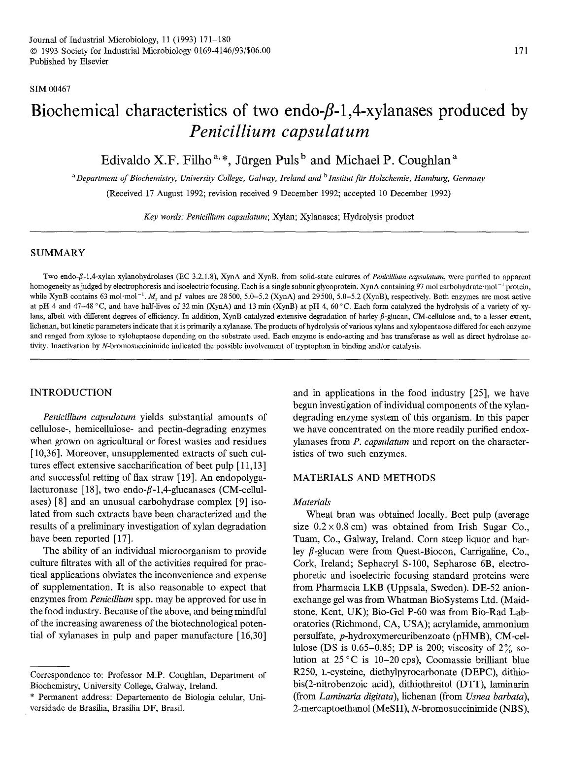 Biochemical characteristics of two endo-&#x03B2;-1,4-xylanases produced by <Emphasis Type="Italic">Penicillium capsulatum <Emphasis> by Unknown
