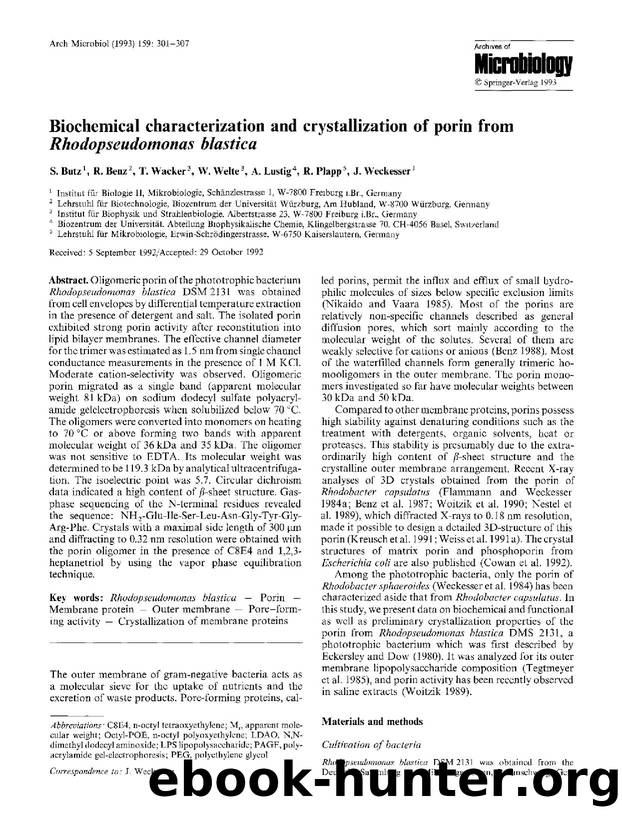 Biochemical characterization and crystallization of porin from <Emphasis Type="Italic">Rhodopseudomonas blastica<Emphasis> by Unknown