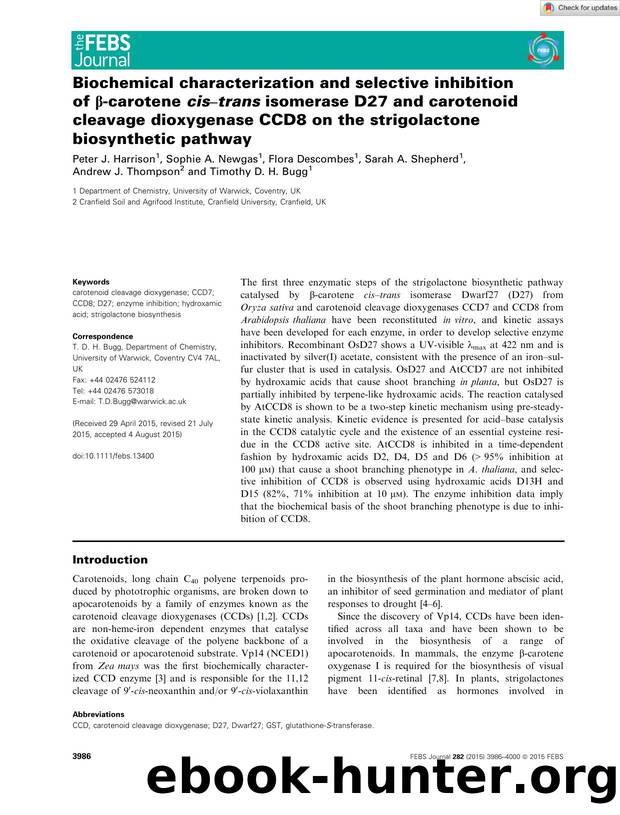 Biochemical characterization and selective inhibition of Î²âcarotene cisâtrans isomerase D27 and carotenoid cleavage dioxygenase CCD8 on the strigolactone biosynthetic pathway by Unknown