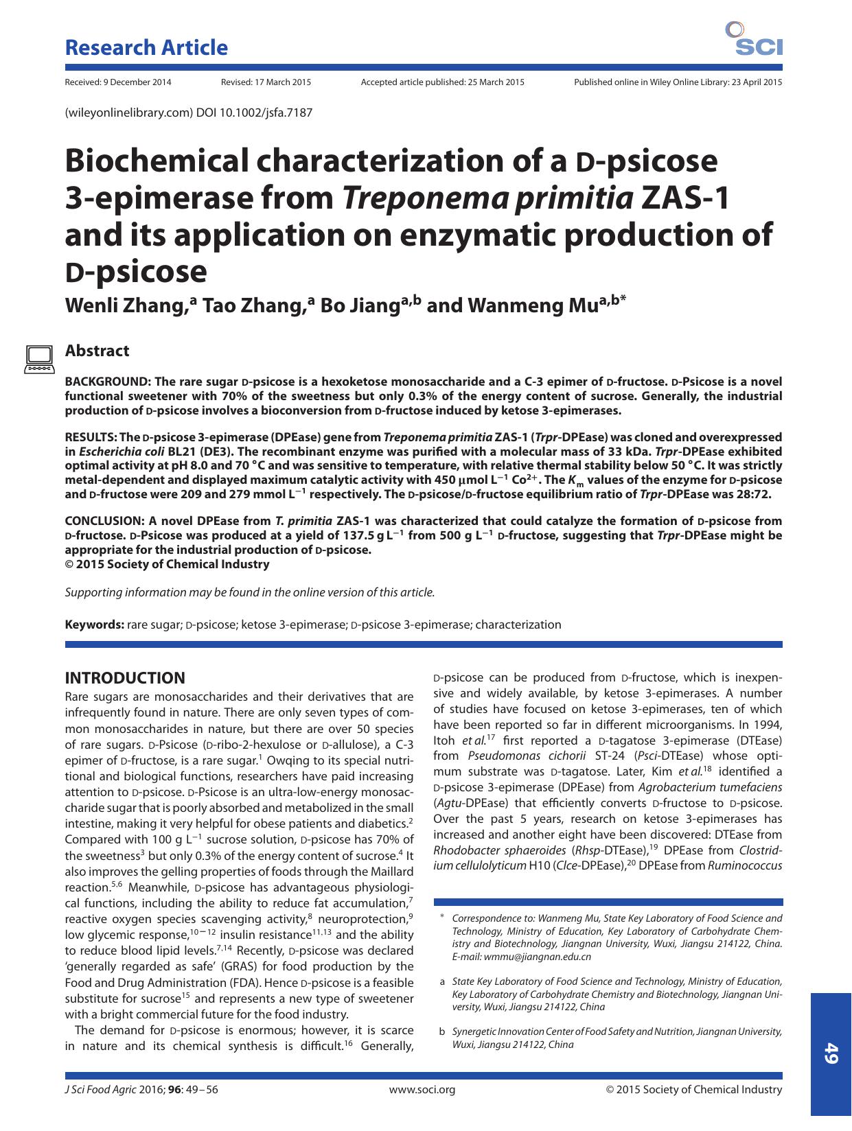 Biochemical characterization of a d-psicose 3-epimerase from Treponema primitia ZAS-1 and its application on enzymatic production of d-psicose by Unknown