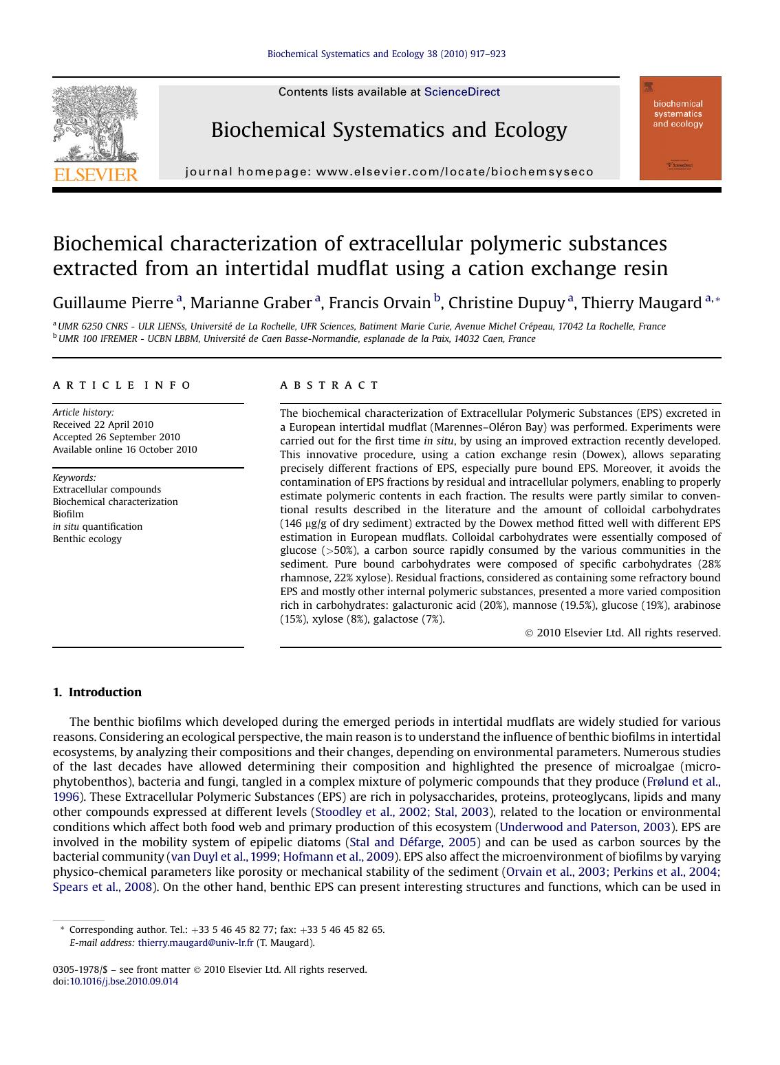 Biochemical characterization of extracellular polymeric substances extracted from an intertidal mudflat using a cation exchange resin by Guillaume Pierre & Marianne Graber & Francis Orvain & Christine Dupuy & Thierry Maugard