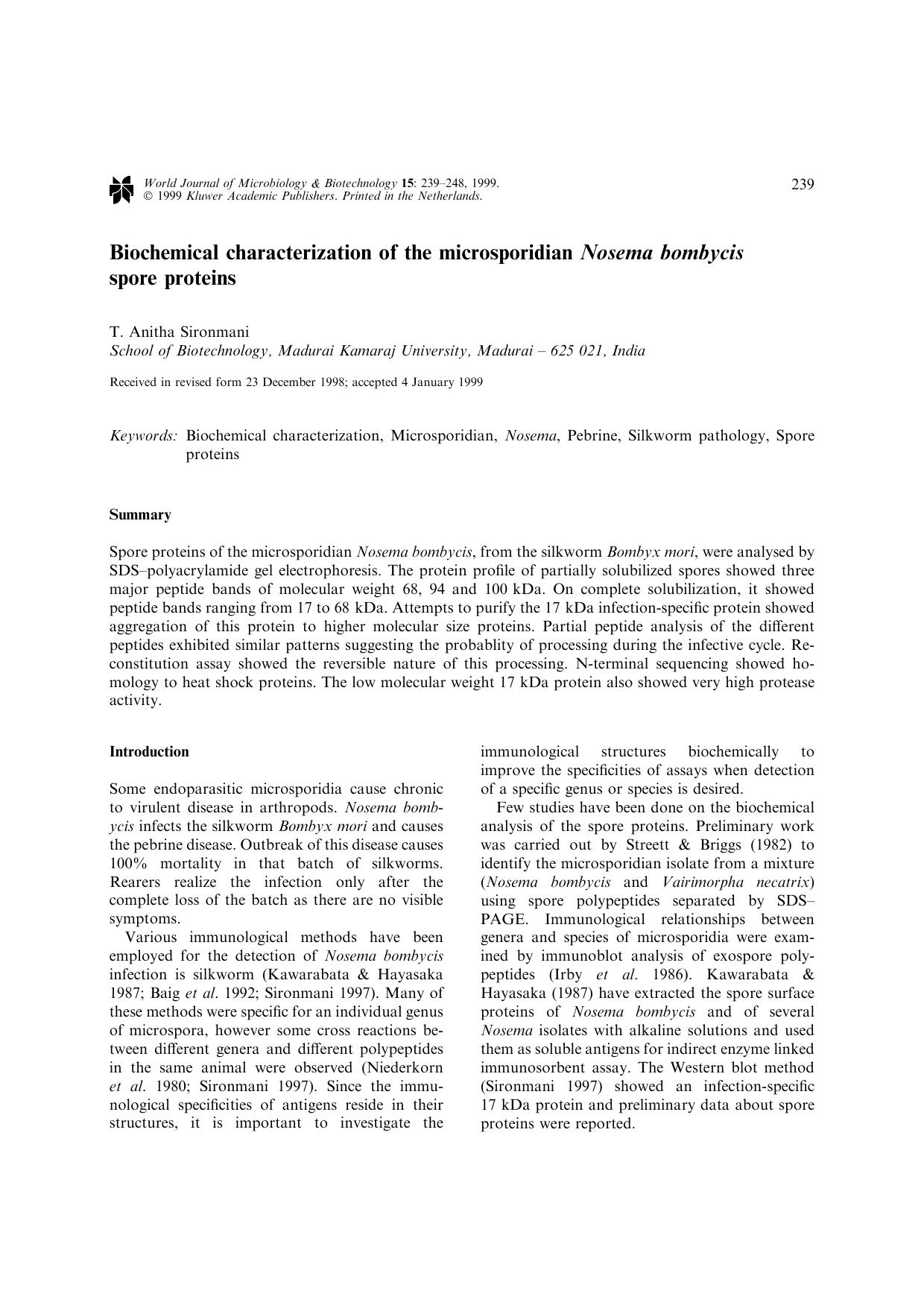 Biochemical characterization of the microsporidian Nosema bombycis spore proteins by Unknown