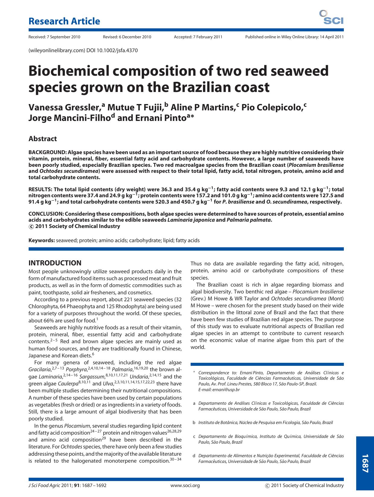 Biochemical composition of two red seaweed species grown on the Brazilian coast by Unknown
