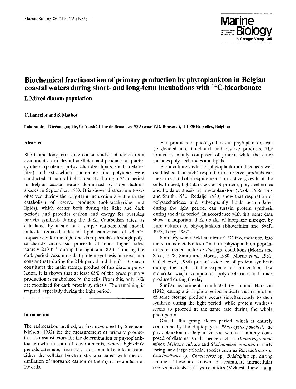 Biochemical fractionation of primary production by phytoplankton in Belgian coastal waters during short- and long-term incubations with <Superscript>14<Superscript>C-bicarbonate by Unknown