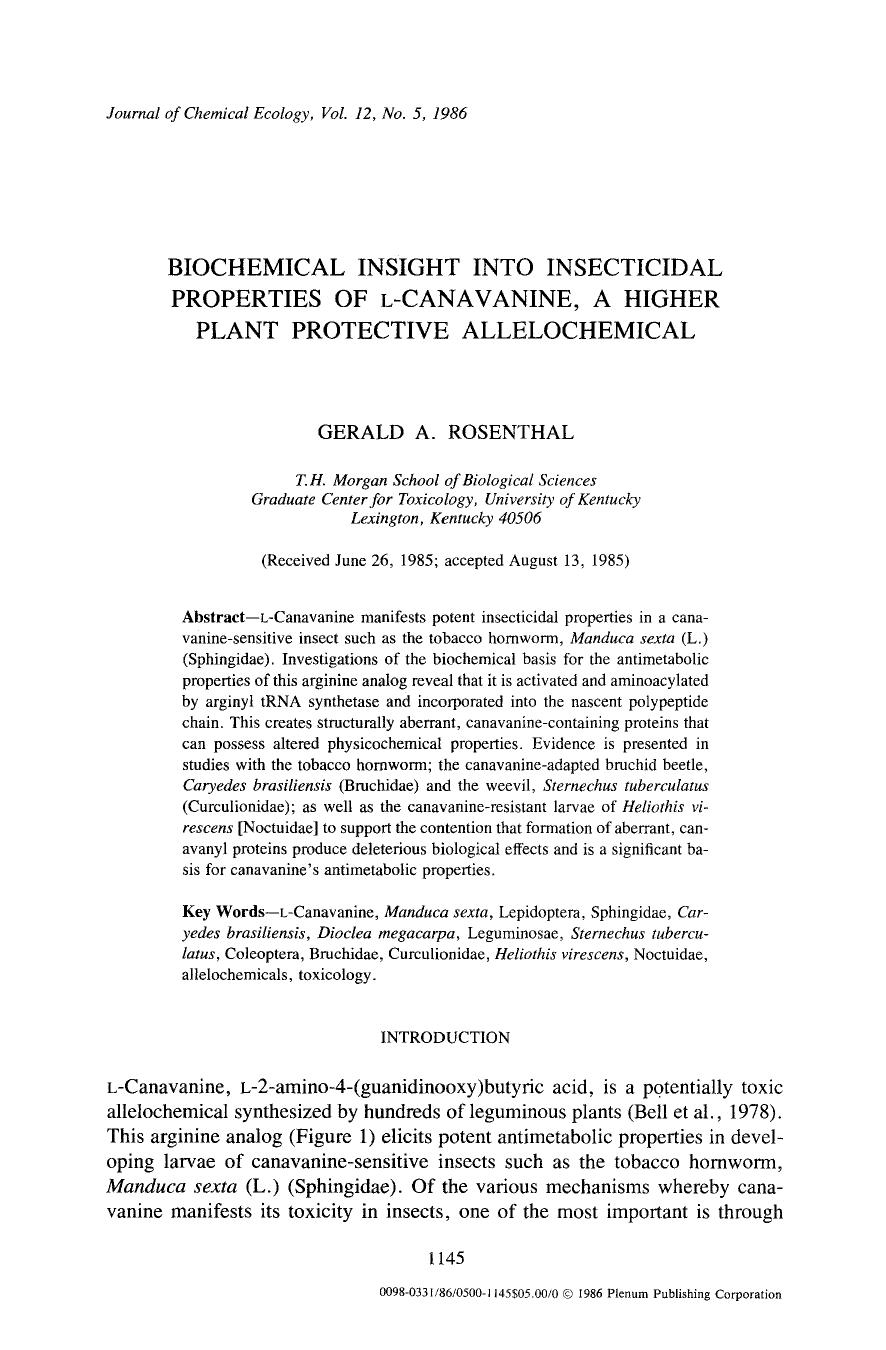 Biochemical insight into insecticidal properties of <Emphasis Type="SmallCaps">l <Emphasis>-Canavanine, a higher plant protective allelochemical by Unknown