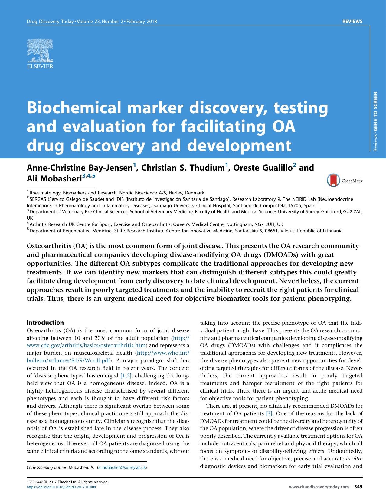 Biochemical marker discovery, testing and evaluation for facilitating OA drug discovery and development by Anne-Christine Bay-Jensen & Christian S. Thudium & Oreste Gualillo & Ali Mobasheri