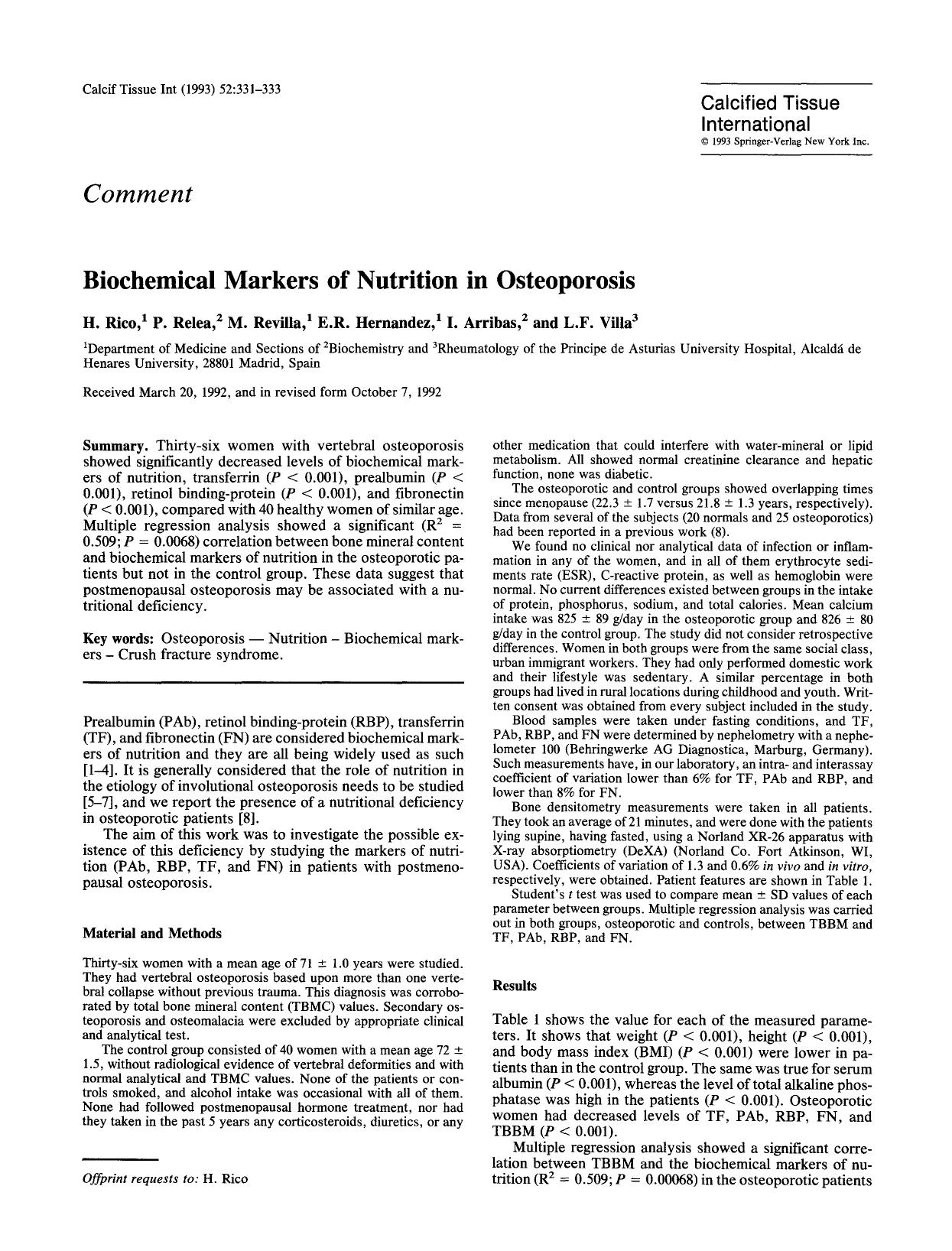 Biochemical markers of nutrition in osteoporosis by Unknown