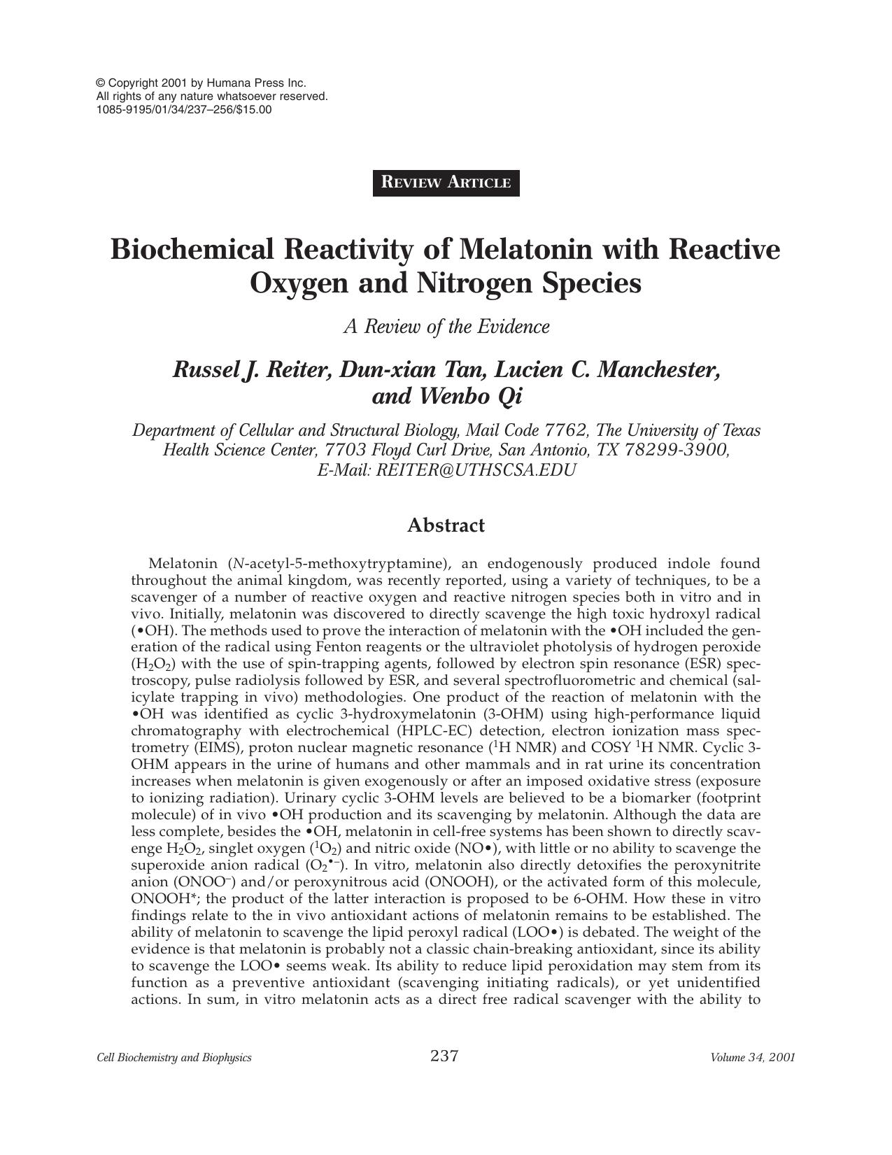 Biochemical reactivity of melatonin with reactive oxygen and nitrogen species by Unknown
