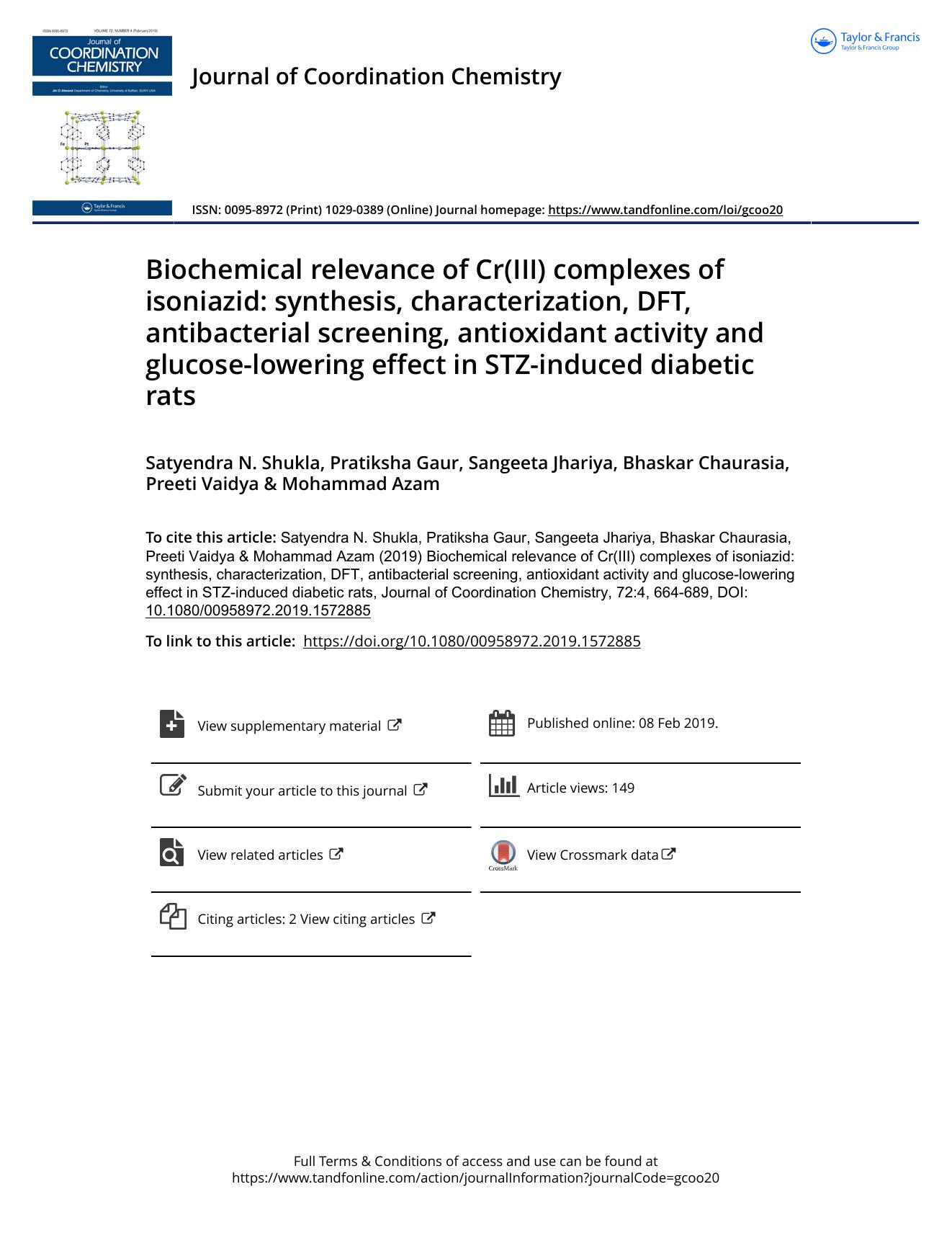 Biochemical relevance of Cr(III) complexes of isoniazid: synthesis, characterization, DFT, antibacterial screening, antioxidant activity and glucose-lowering effect in STZ-induced diabetic rats by unknow