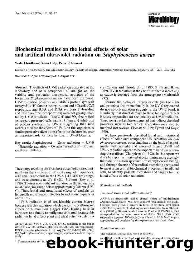 Biochemical studies on the lethal effects of solar and artificial ultraviolet radiation on  <Emphasis Type="Italic">Staphylococcus aureus <Emphasis> by Unknown