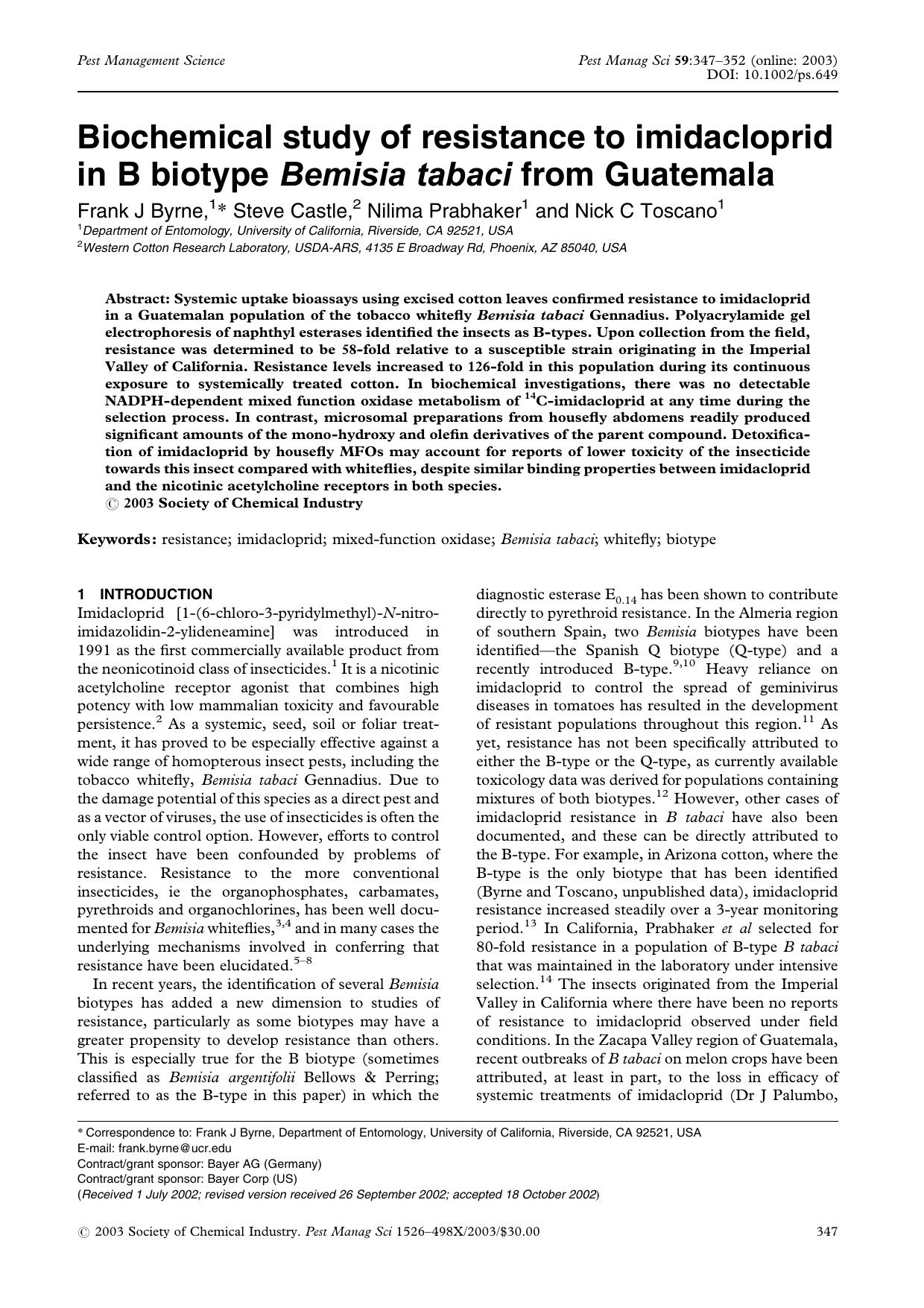Biochemical study of resistance to imidacloprid in B biotype Bemisia tabaci from Guatemala by Unknown