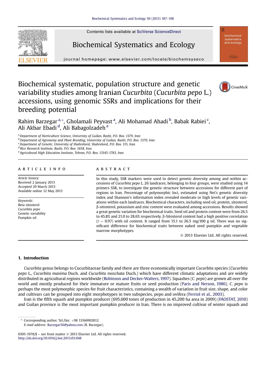 Biochemical systematic, population structure and genetic variability studies among Iranian Cucurbita (Cucurbita pepo L.) accessions, using genomic SSRs and implications for their breeding potential by unknow