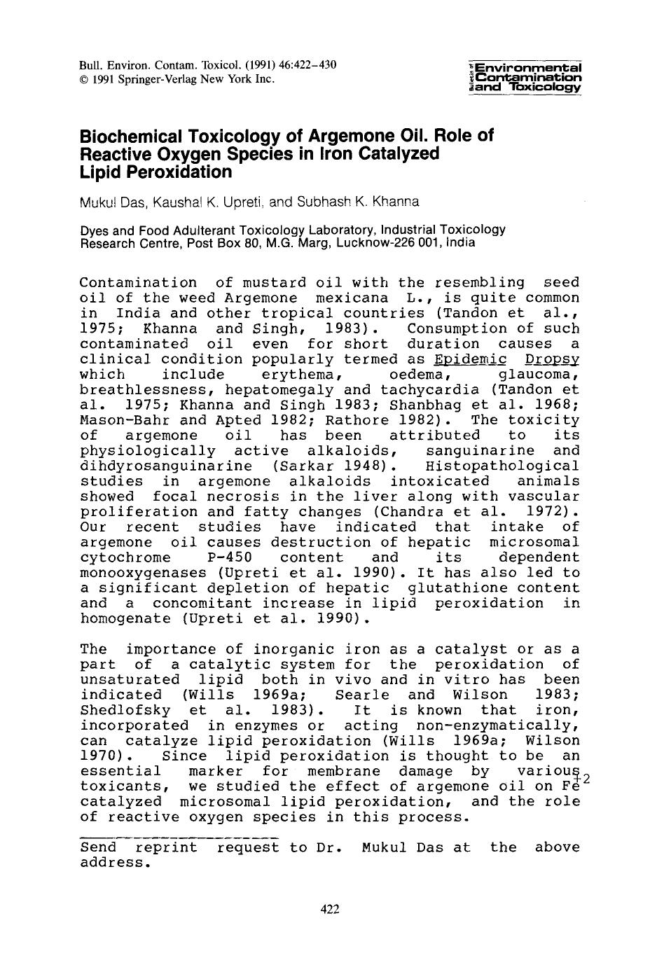 Biochemical toxicology of argemone oil. Role of reactive oxygen species in iron catalyzed lipid peroxidation by Unknown