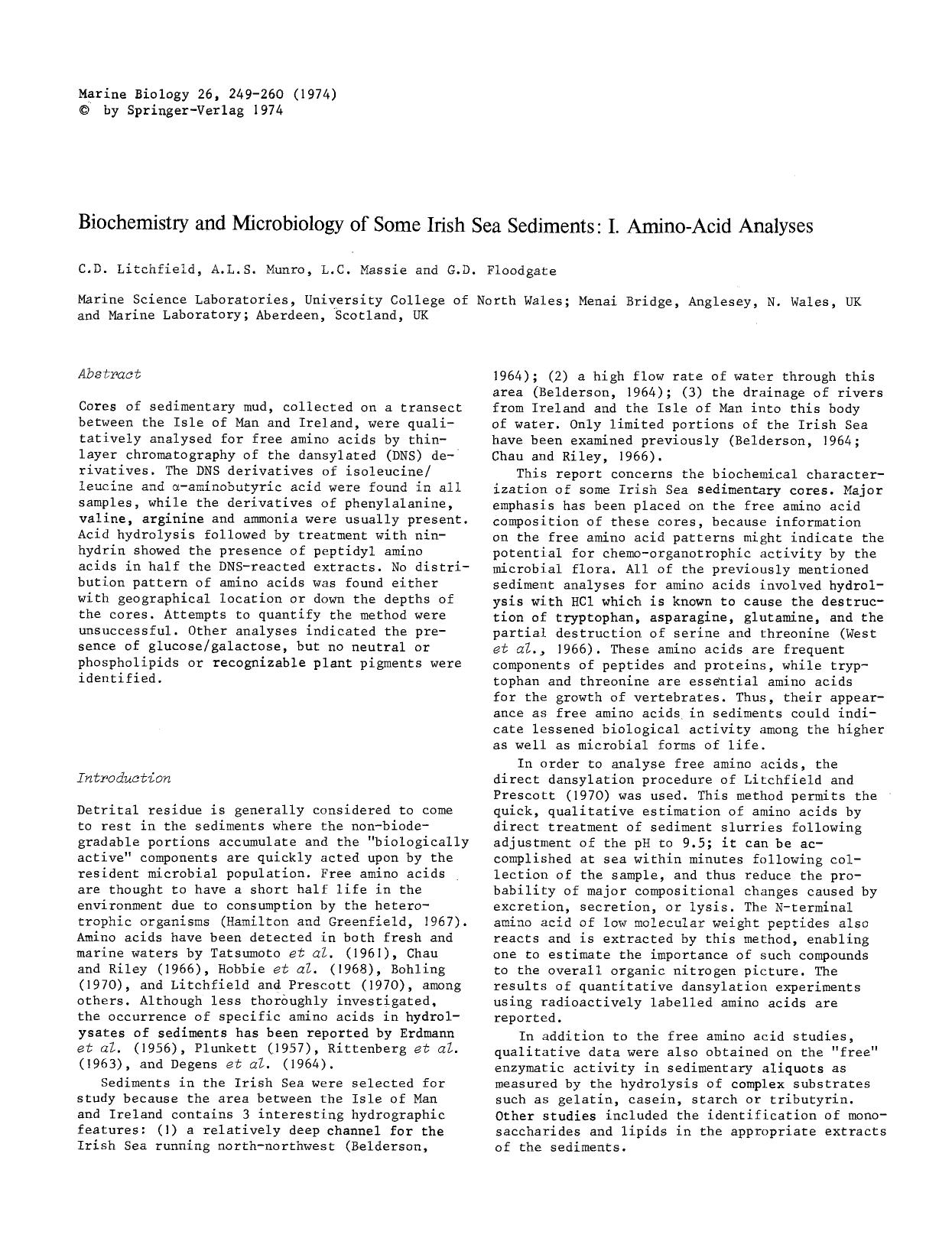 Biochemistry and microbiology of some Irish Sea sediments: I. Amino-acid analyses by Unknown
