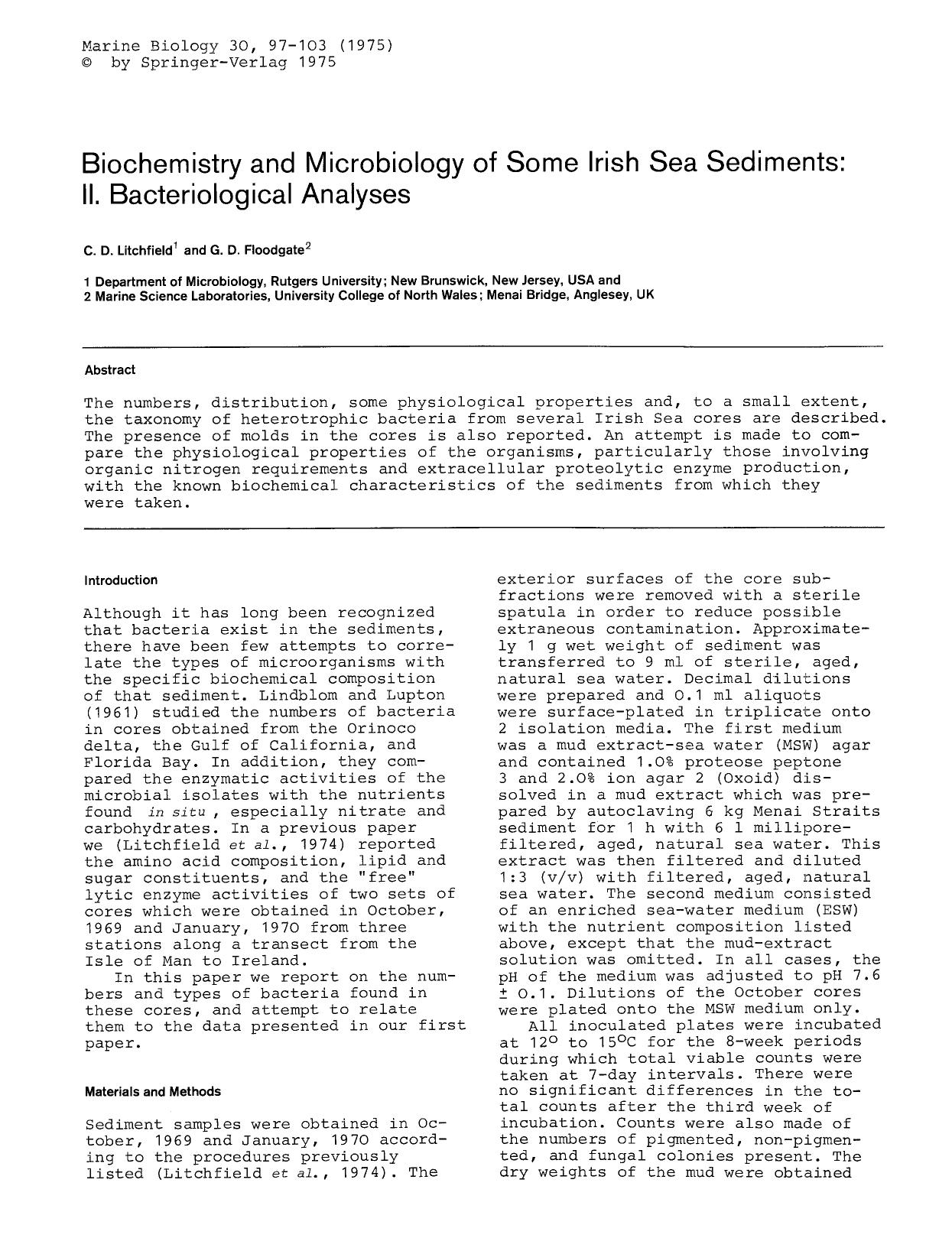 Biochemistry and microbiology of some Irish Sea sediments: II. Bacteriological analyses by Unknown