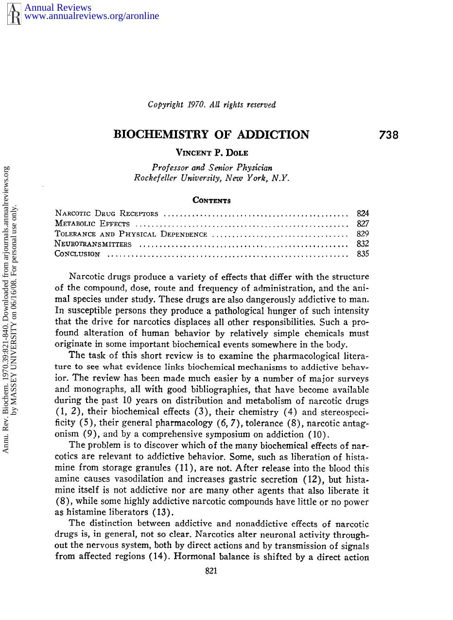 Biochemistry of Addiction by V P Dole