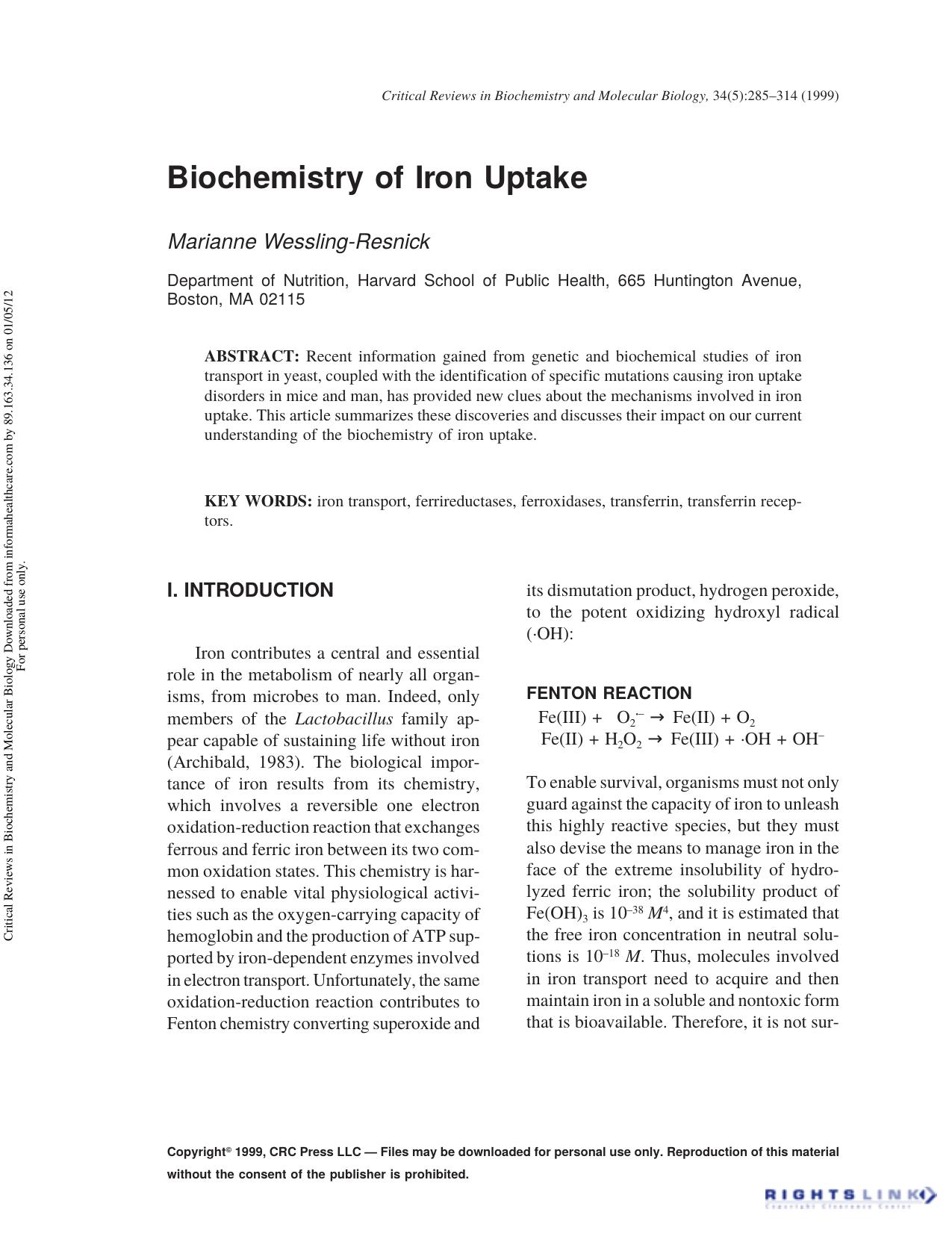 Biochemistry of Iron Uptake by Marianne Wessling-Resnick