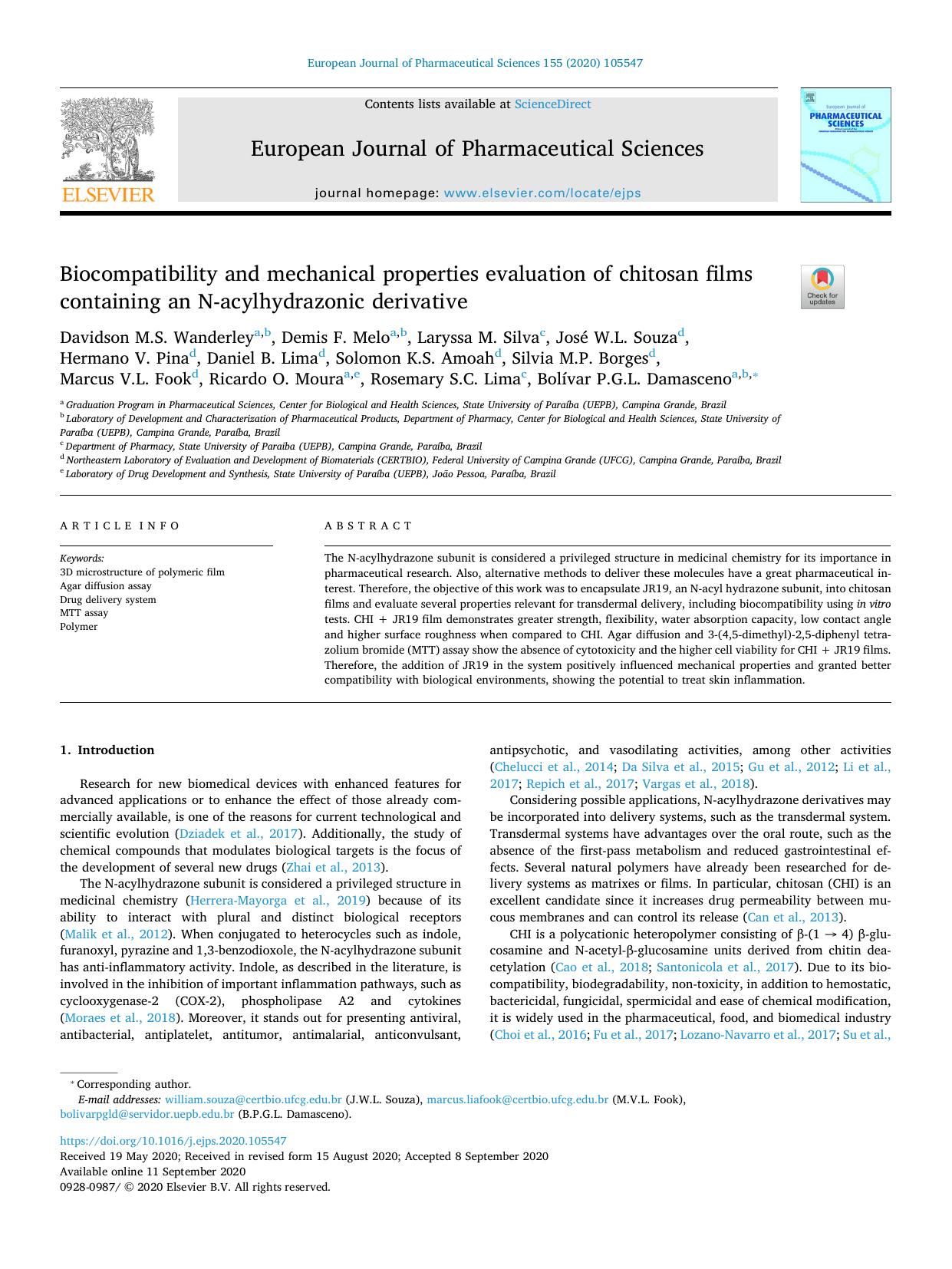 Biocompatibility and mechanical properties evaluation of chitosan films containing an N-acylhydrazonic derivative by unknow