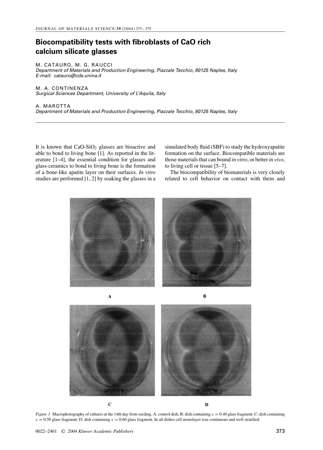 Biocompatibility tests with fibroblasts of CaO rich calcium silicate glasses by Unknown