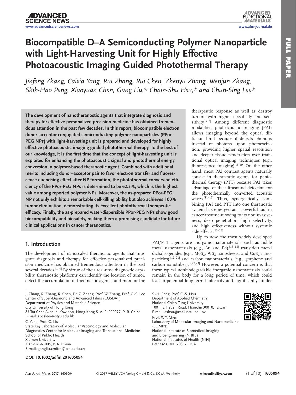 Biocompatible D&#x02013;A Semiconducting Polymer Nanoparticle with Light&#x02010;Harvesting Unit for Highly Effective Photoacoustic Imaging Guided Photothermal Therapy by Unknown
