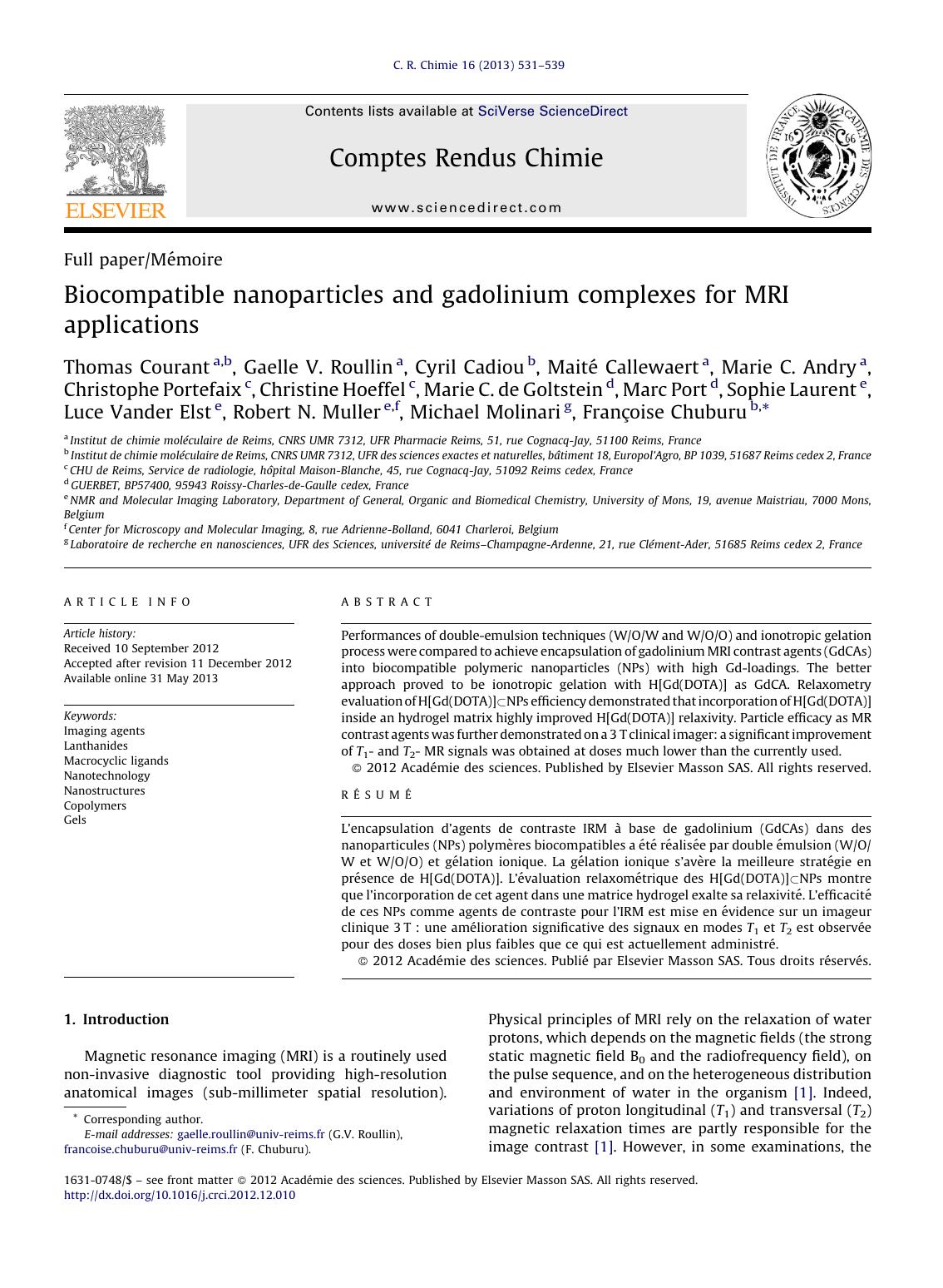 Biocompatible nanoparticles and gadolinium complexes for MRI applications by unknow