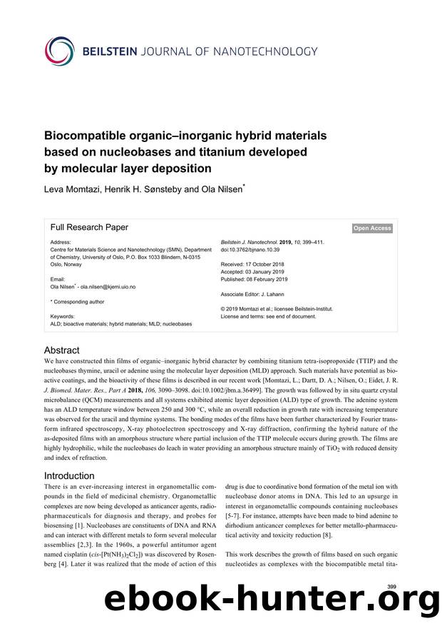 Biocompatible organicâinorganic hybrid materials based on nucleobases and titanium developed by molecular layer deposition by Leva Momtazi Henrik H. Sønsteby Ola Nilsen