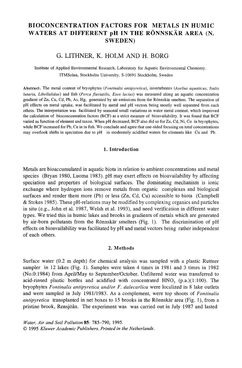 Bioconcentration factors for metals in humic waters at different pH in the Rönnskär area (N. Sweden) by Unknown