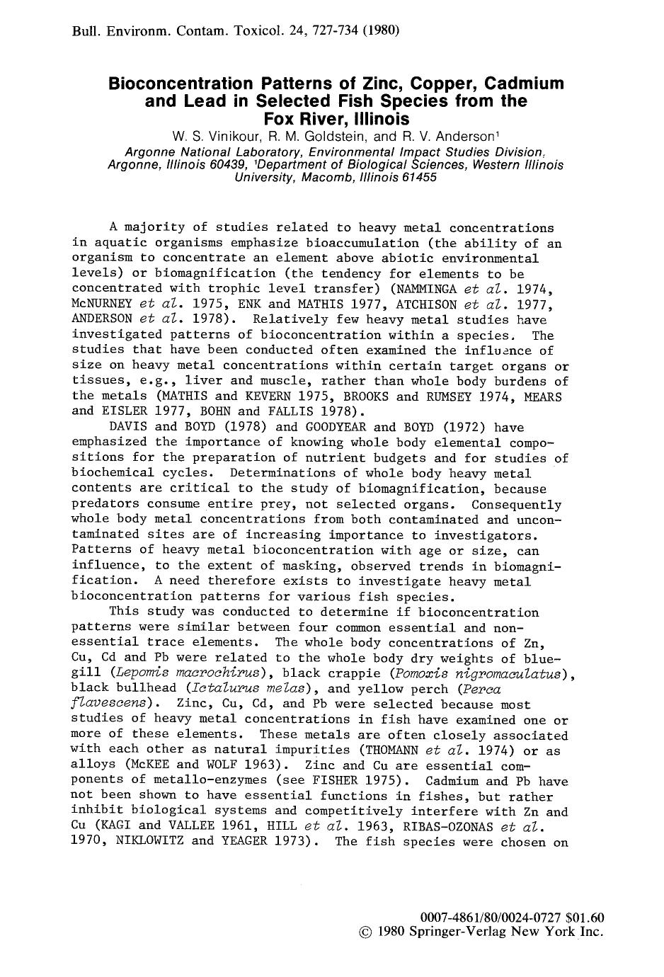 Bioconcentration patterns of zinc, copper, cadmium and lead in selected fish species from the Fox river, Illinois by Unknown