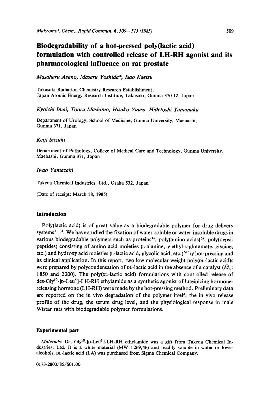 Biodegradability of a hot-pressed poly(lactic acid) formulation with controlled release of LH-RH agonist and its pharmacological influence on rat prostate by Unknown