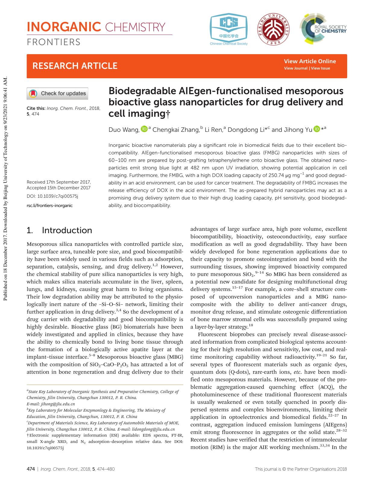Biodegradable AIEgen-functionalised mesoporous bioactive glass nanoparticles for drug delivery and cell imaging by Duo Wang Chengkai Zhang Li Ren Dongdong Li Jihong Yu