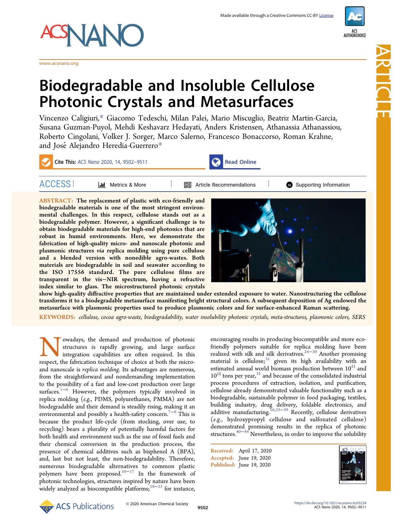 Biodegradable and Insoluble Cellulose Photonic Crystals and Metasurfaces by unknow