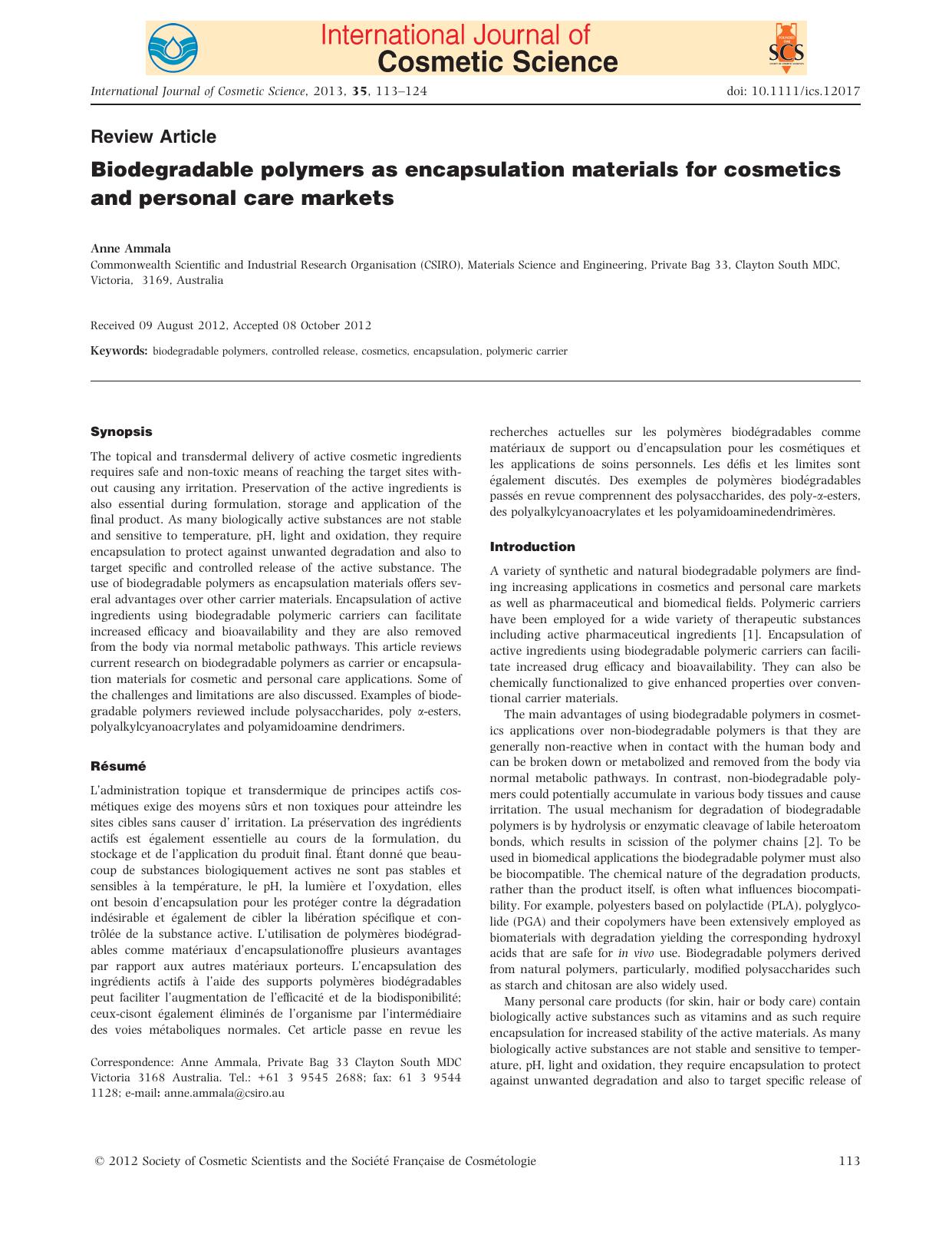 Biodegradable polymers as encapsulation materials for cosmetics and personal care markets by Unknown