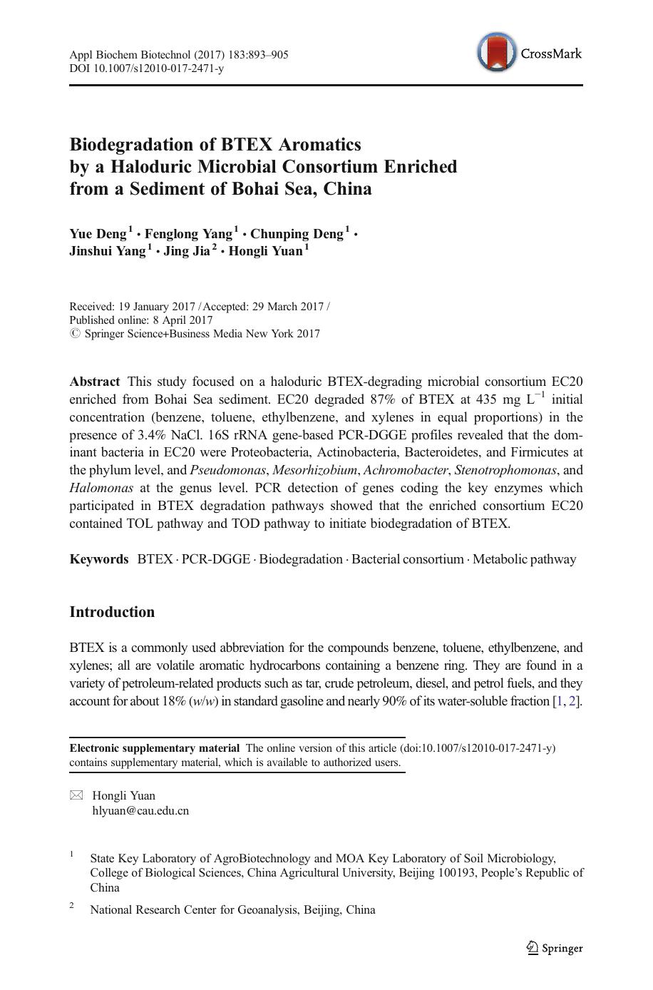 Biodegradation of BTEX Aromatics by a Haloduric Microbial Consortium Enriched from a Sediment of Bohai Sea, China by Yue Deng & Fenglong Yang & Chunping Deng & Jinshui Yang & Jing Jia & Hongli Yuan