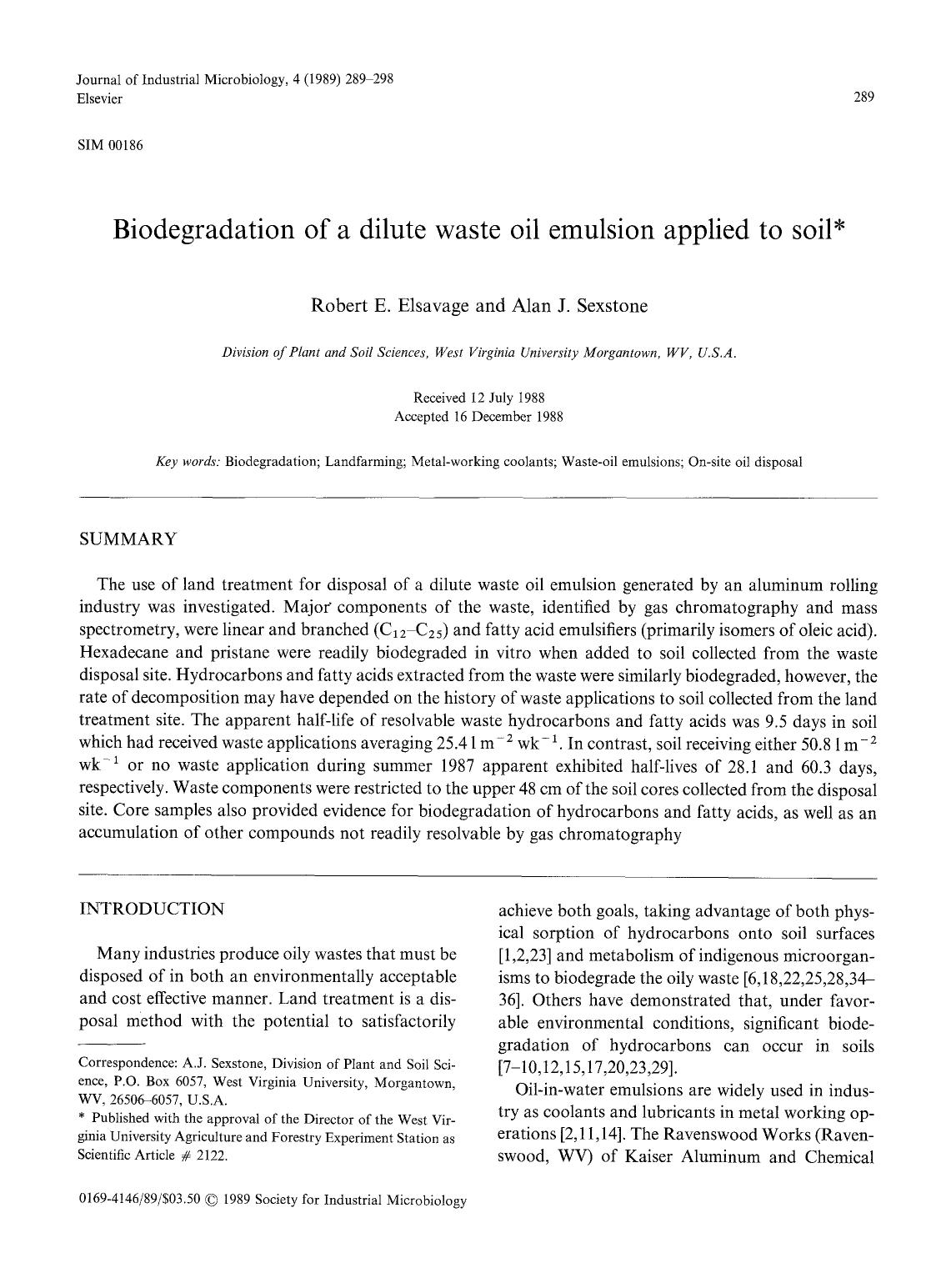 Biodegradation of a dilute waste oil emulsion applied to soil by Unknown