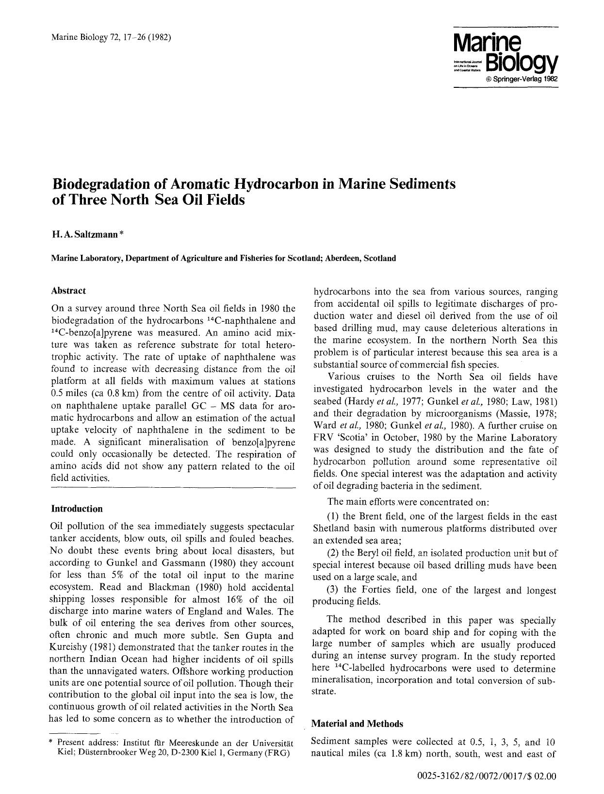 Biodegradation of aromatic hydrocarbon in marine sediments of three North Sea oil fields by Unknown