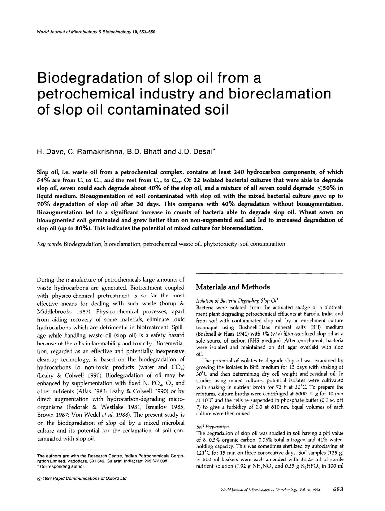 Biodegradation of slop oil from a petrochemical industry and bioreclamation of slop oil contaminated soil by Unknown