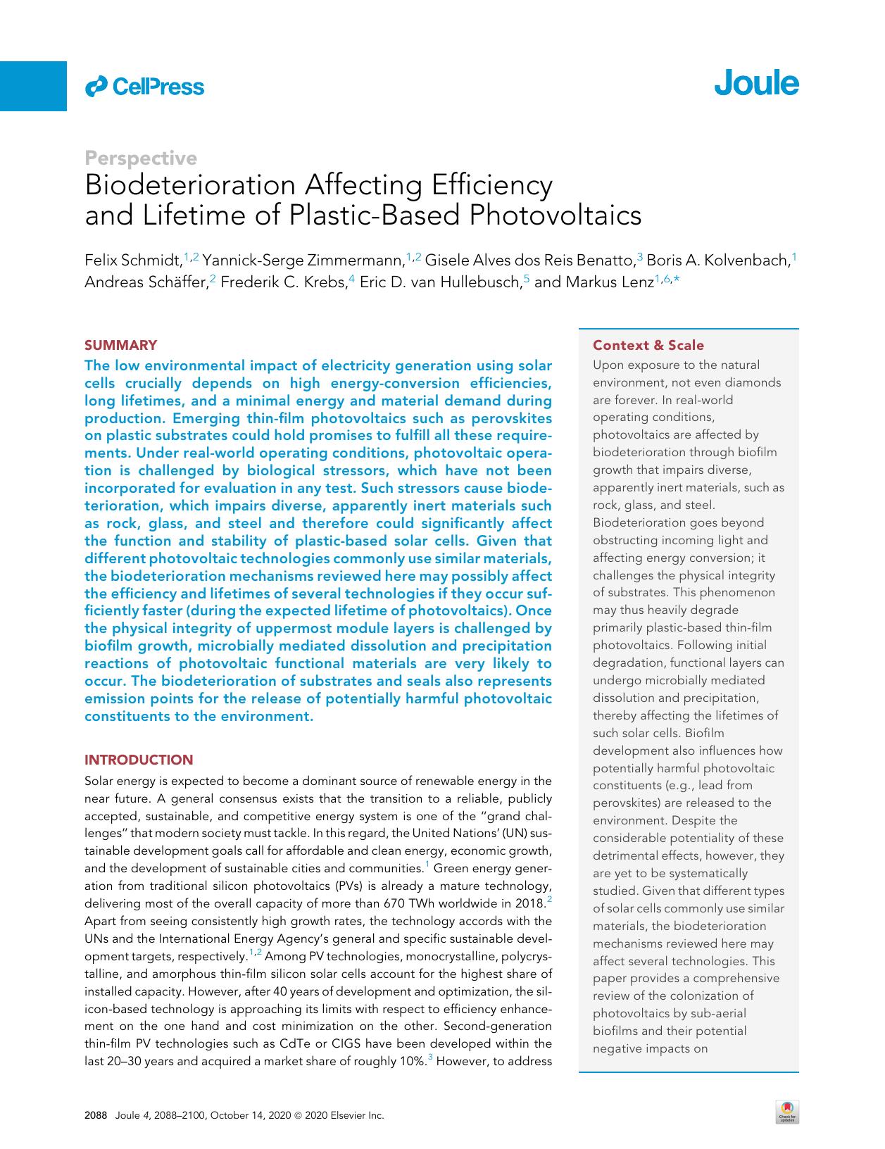 Biodeterioration Affecting Efficiency and Lifetime of Plastic-Based Photovoltaics by unknow