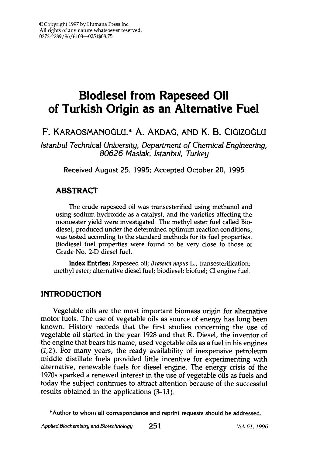 Biodiesel from rapeseed oil of turkish origin as an alternative fuel by Unknown
