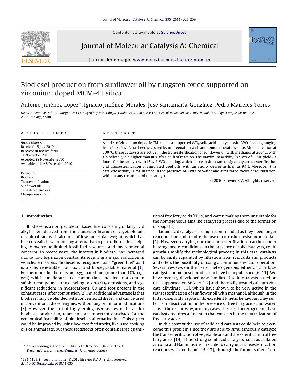 Biodiesel production from sunflower oil by tungsten oxide supported on zirconium doped MCM-41 silica by Antonio JimÃ©nez-LÃ³pez